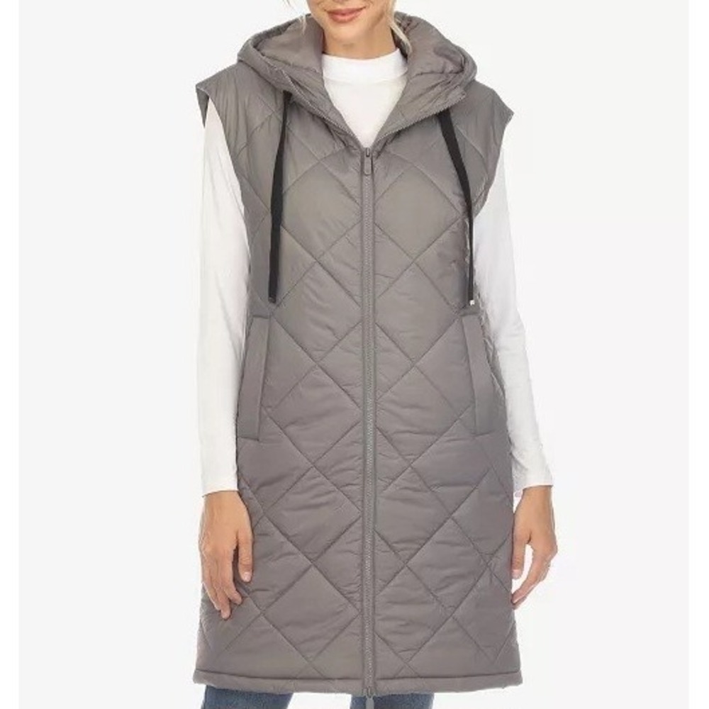 White Mark Diamond Quilted Hooded Long Puffer Grey Vest Jacket Womens Size 2XL